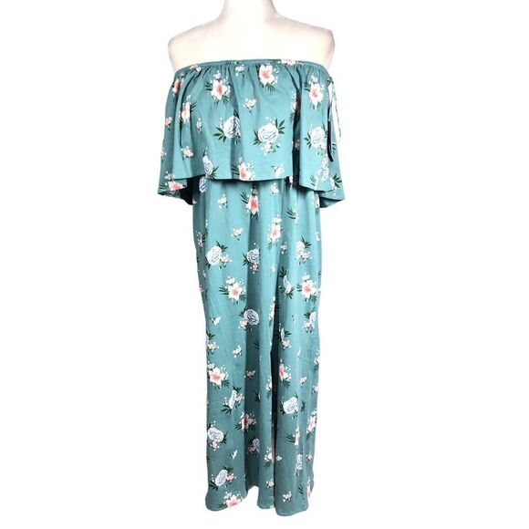 O'Neill Dress Womens 2X Green Floral Ruffle Kole Strapless Off Shoulder Maxi - Picture 4 of 13